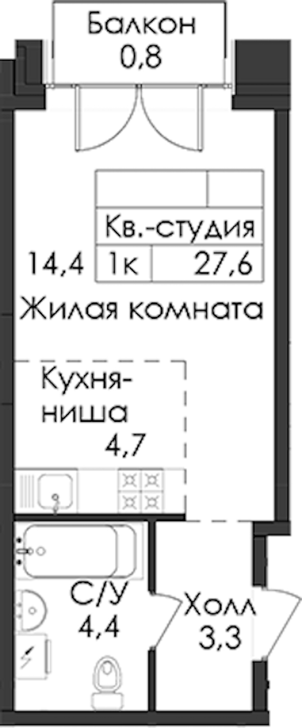 Квартира студия 27.6 м², 4/9 эт., ЖК «Лермонтовский 54»